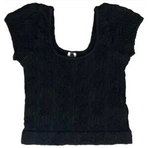 Sugarlips Womens Scoop Neck Cap Sleeve Crop Top Textured Bodycon Shirt Black OS